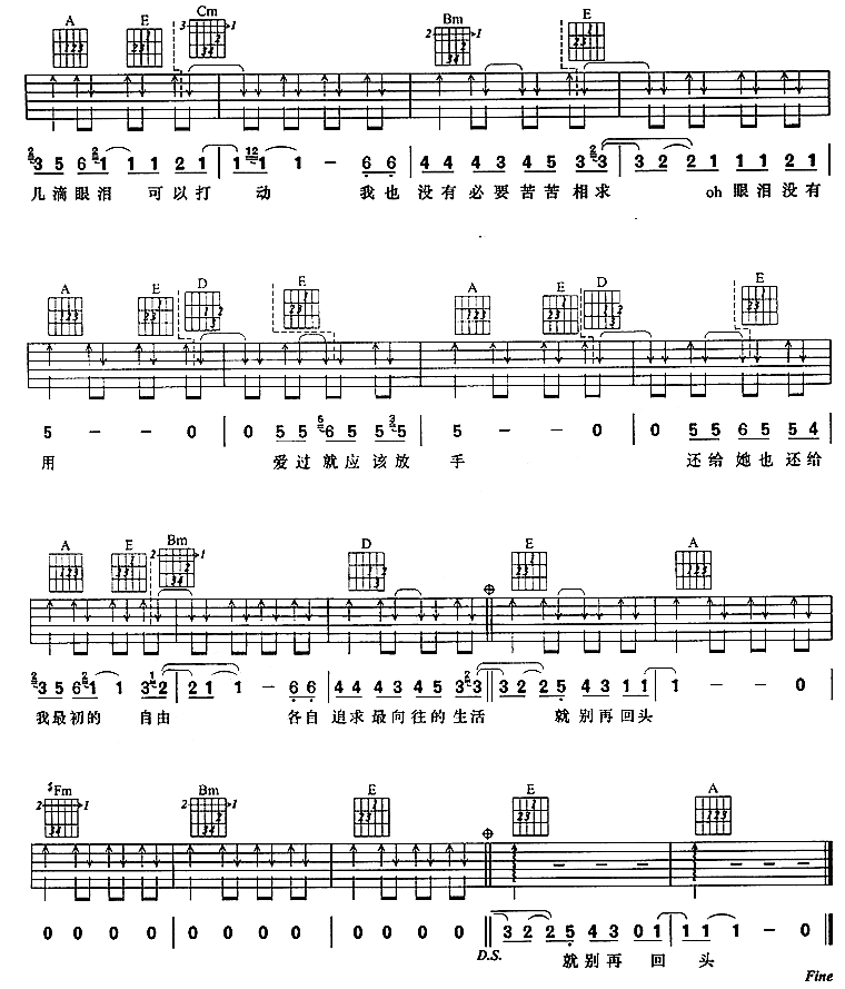 眼泪没有用吉他谱,原版歌曲,简单A调弹唱教学,六线谱指弹简谱2张图