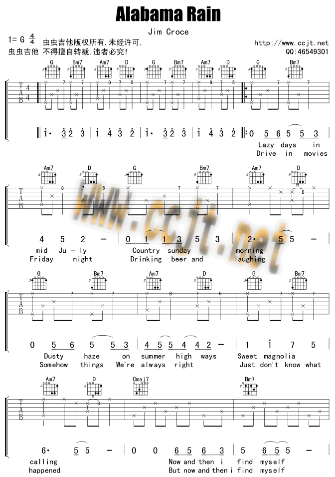 AlabamaRain吉他谱,原版歌曲,简单G调弹唱教学,六线谱指弹简谱3张图