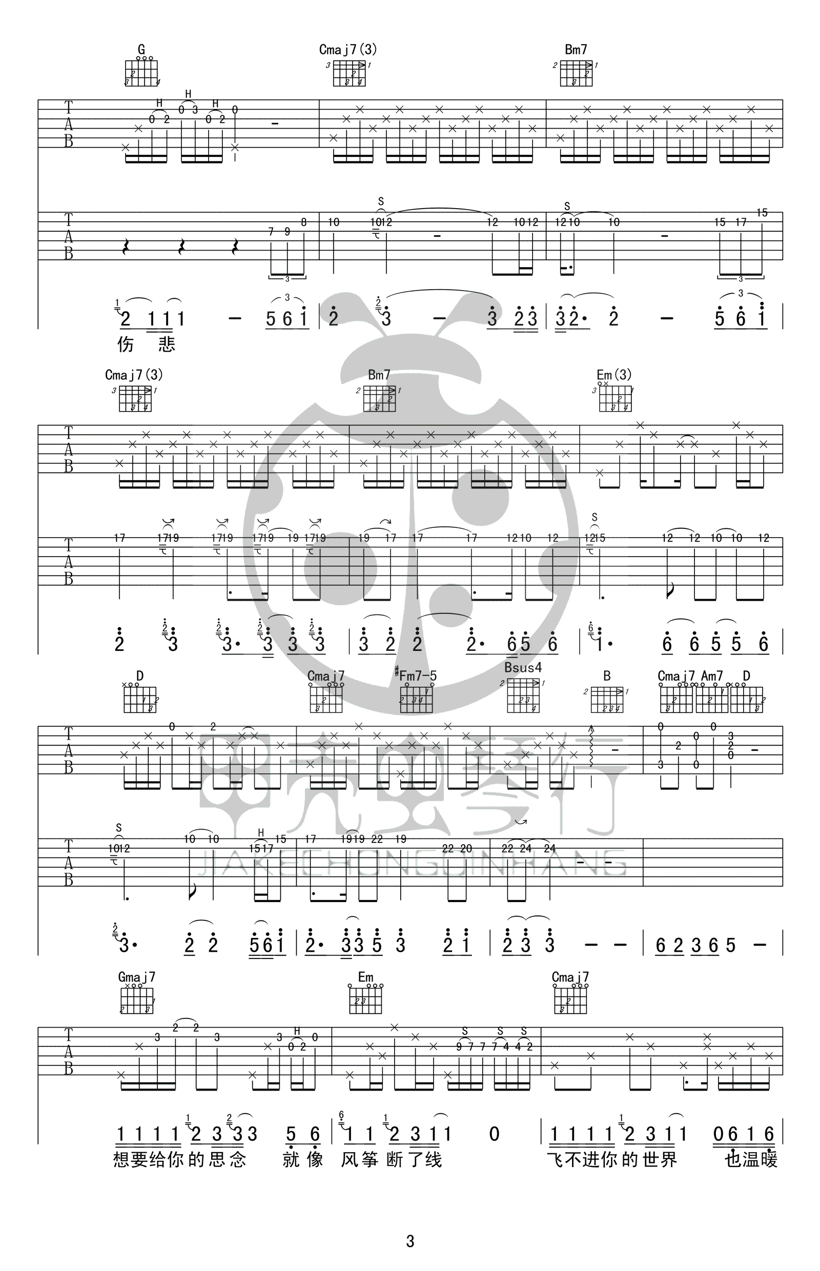 吻别吉他谱,原版张学友歌曲,简单G调指弹曲谱,高清六线乐谱