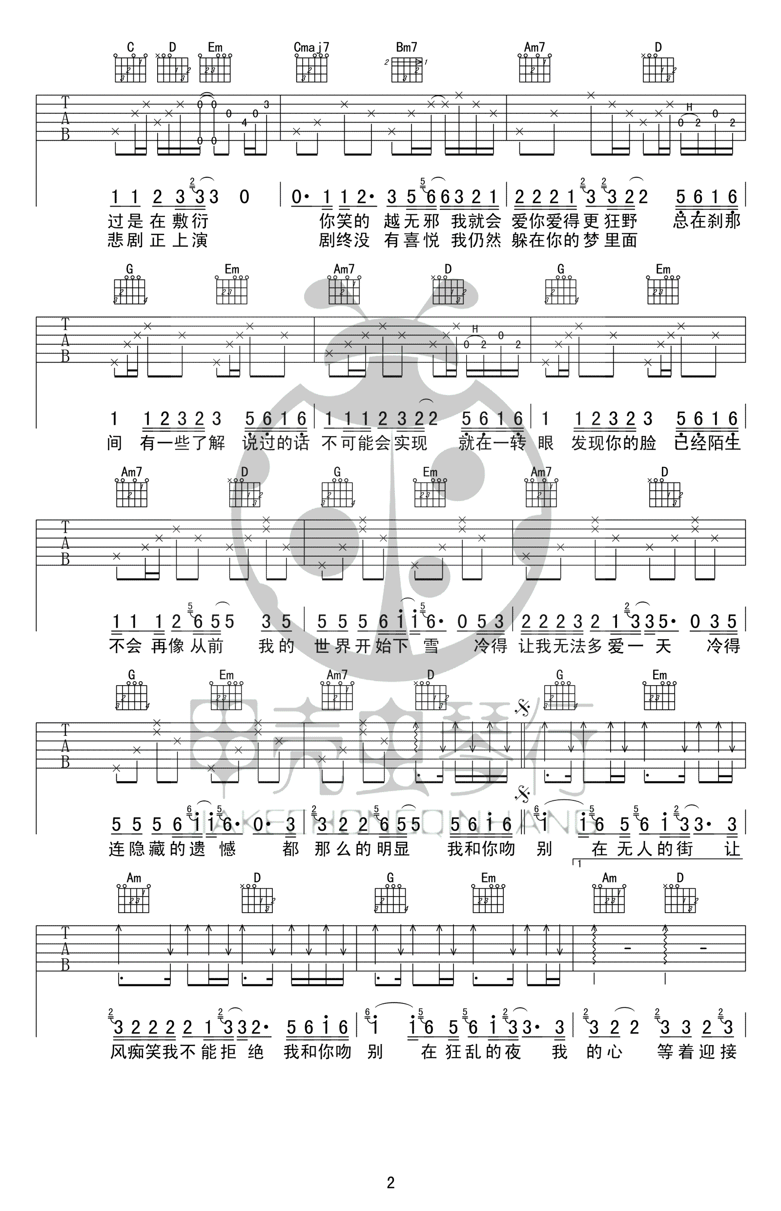 吻别吉他谱,原版张学友歌曲,简单G调指弹曲谱,高清六线乐谱