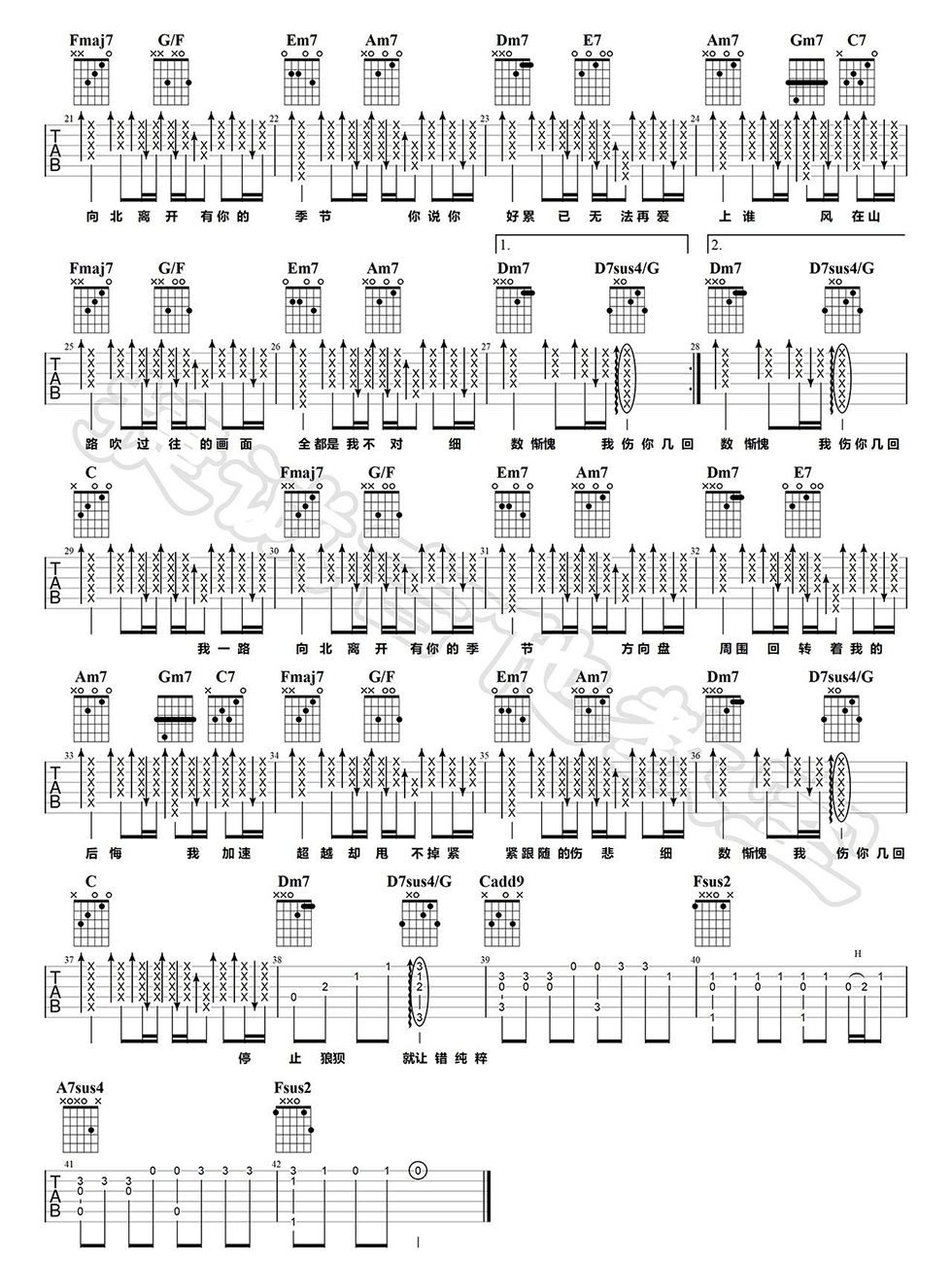 一路向北吉他谱,原版周杰伦歌曲,简单C调指弹曲谱,高清六线乐谱教学