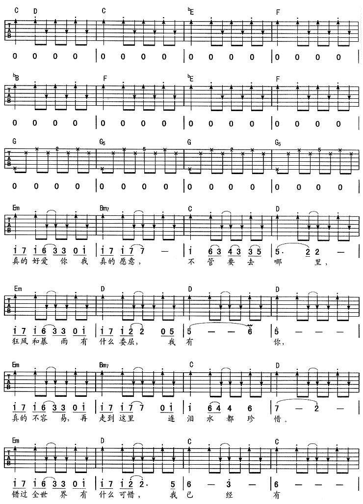真的吉他谱,原版歌曲,简单G调弹唱教学,六线谱指弹简谱4张图
