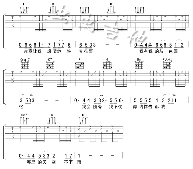 哪里的天空不下雨吉他谱,原版歌曲,简单D调弹唱教学,六线谱指弹简谱2张图