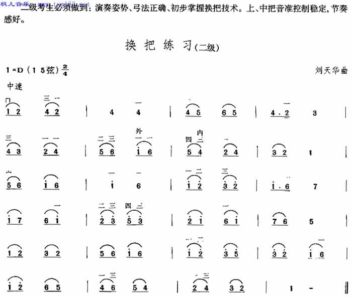 换把练习(中国二胡考级规定演奏曲二级)二胡曲谱吉他谱,原版歌曲,简单D调弹唱教学,六线谱指弹简谱1张图