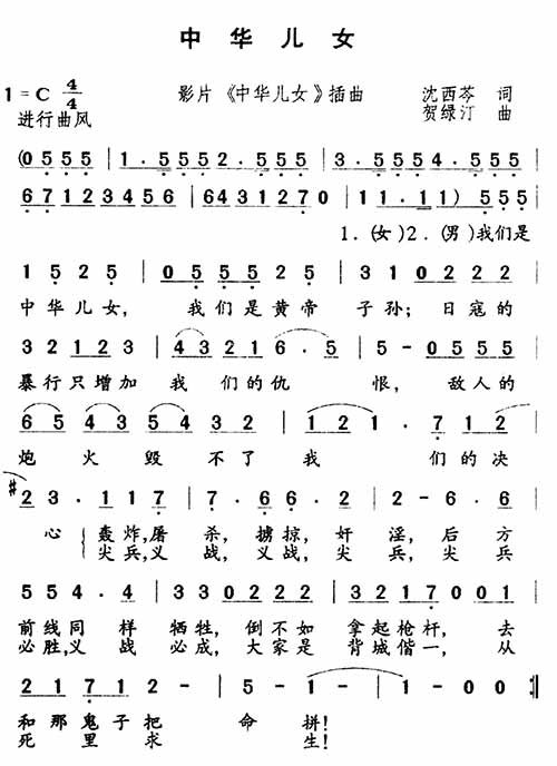 中华儿女吉他谱,原版歌曲,简单C调弹唱教学,六线谱指弹简谱1张图