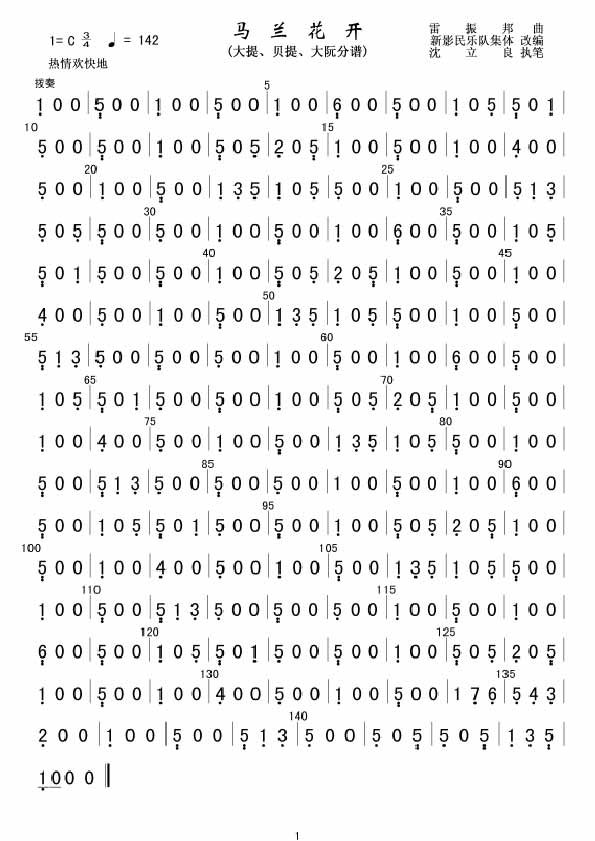 马兰花开(大提、贝提、大阮分谱)吉他谱,原版歌曲,简单C调弹唱教学,六线谱指弹简谱1张图