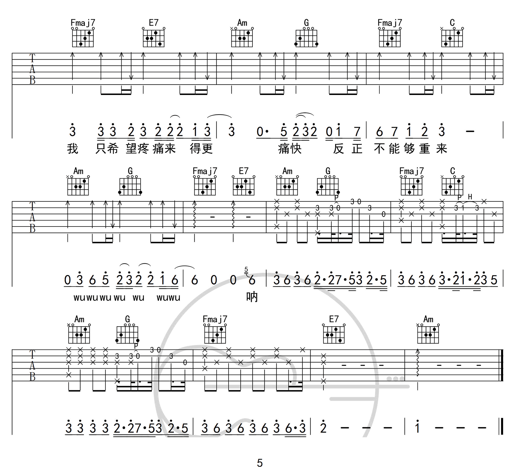 男孩吉他谱,原版梁博歌曲,简单C调指弹曲谱,高清六线乐谱