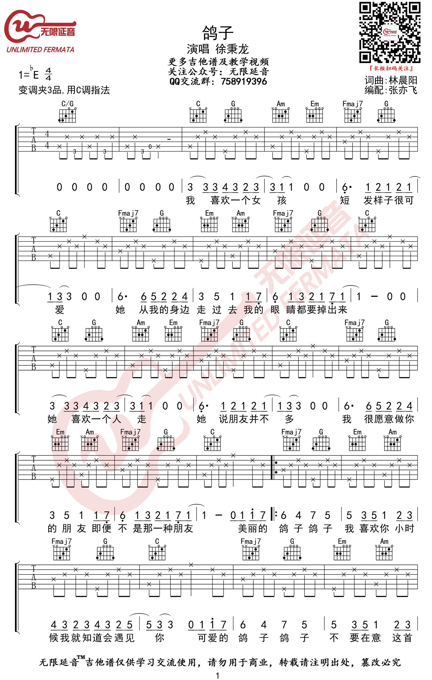 鸽子吉他谱,原版徐秉龙歌曲,简单C调指弹曲谱,高清六线乐谱