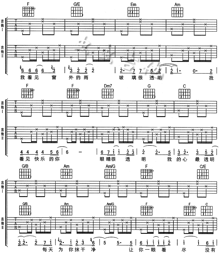 透明吉他谱,简单C调原版指弹曲谱,刘若英高清流行弹唱六线乐谱