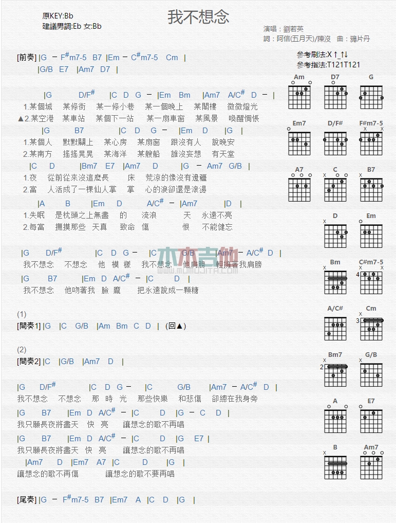 我不想念吉他谱,简单C调原版指弹曲谱,刘若英高清流行弹唱六线乐谱