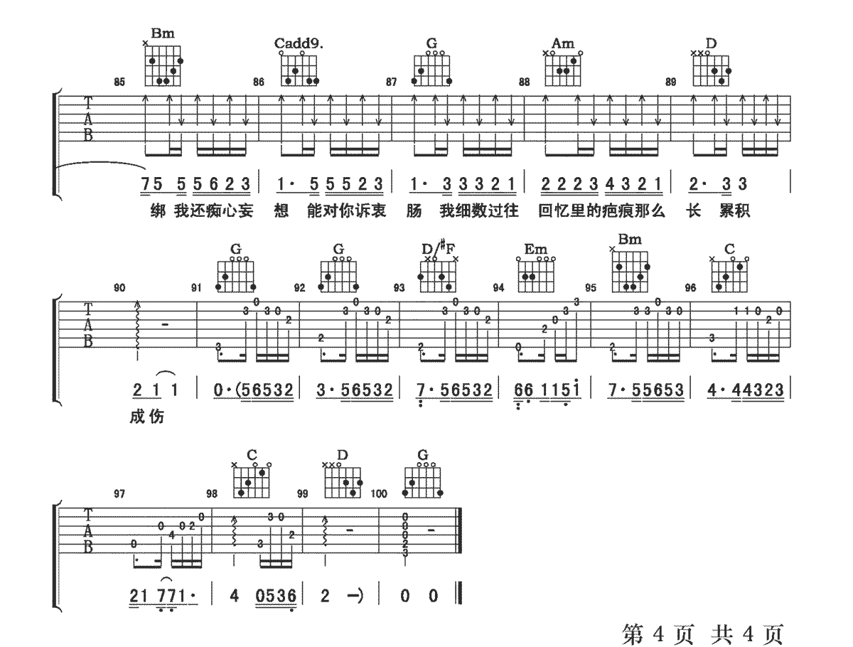 回忆那么伤吉他谱,原版孙子涵歌曲,简单G调指弹曲谱,高清六线乐谱