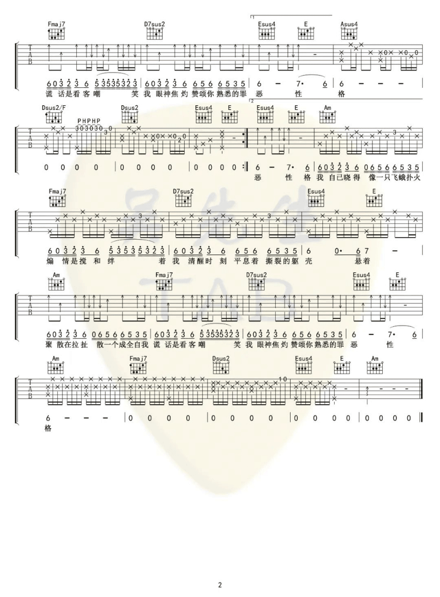 伪善者吉他谱,原版歌曲,简单C调弹唱教学,六线谱指弹简谱两张图