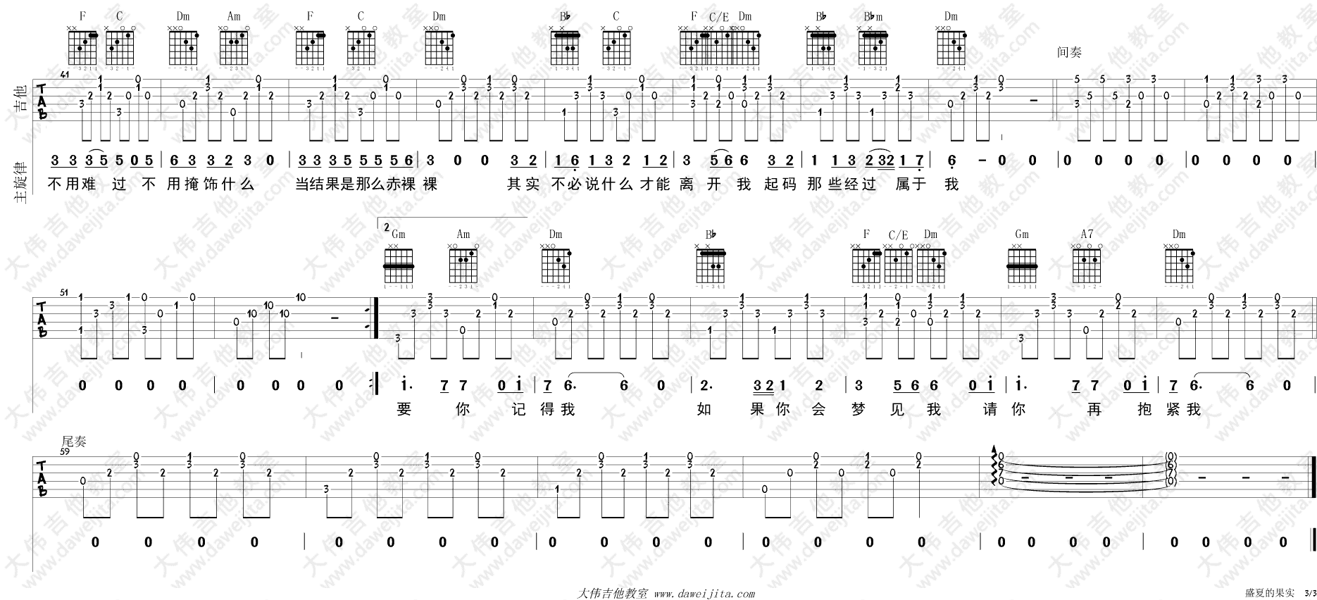 盛夏的果实吉他谱,简单C调原版指弹曲谱,莫文蔚高清流行弹唱男声版六线乐谱