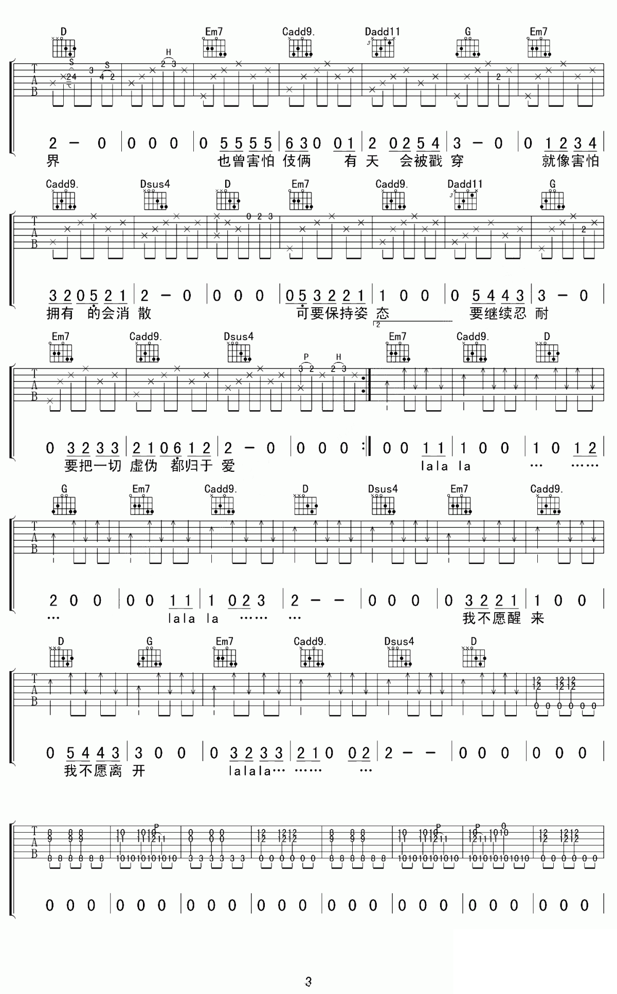 颠倒梦想吉他谱,原版歌曲,简单G调弹唱教学,六线谱指弹简谱图