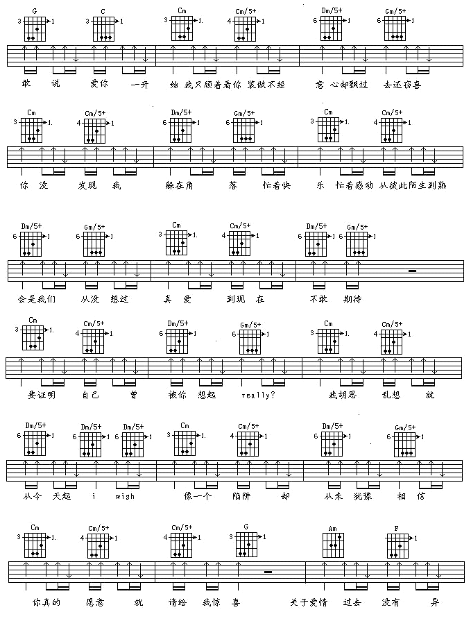 说爱你吉他谱,简单C调原版指弹曲谱,蔡依林高清流行弹唱完美版六线乐谱