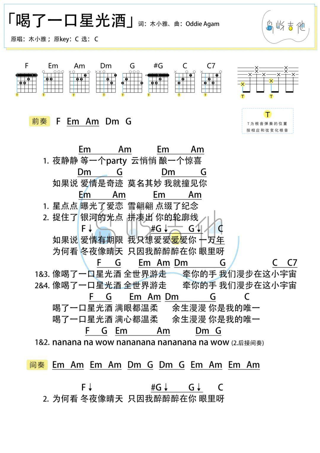 喝了一口星光酒吉他谱,原版歌曲,简单C调弹唱教学,六线谱指弹简谱图