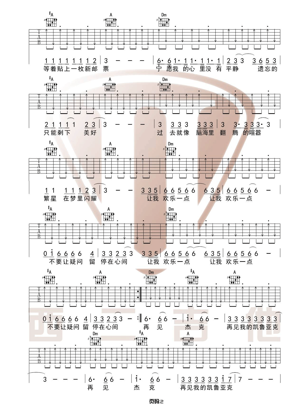 再见杰克吉他谱,原版痛仰乐队歌曲,简单F调指弹曲谱,高清六线乐谱教学