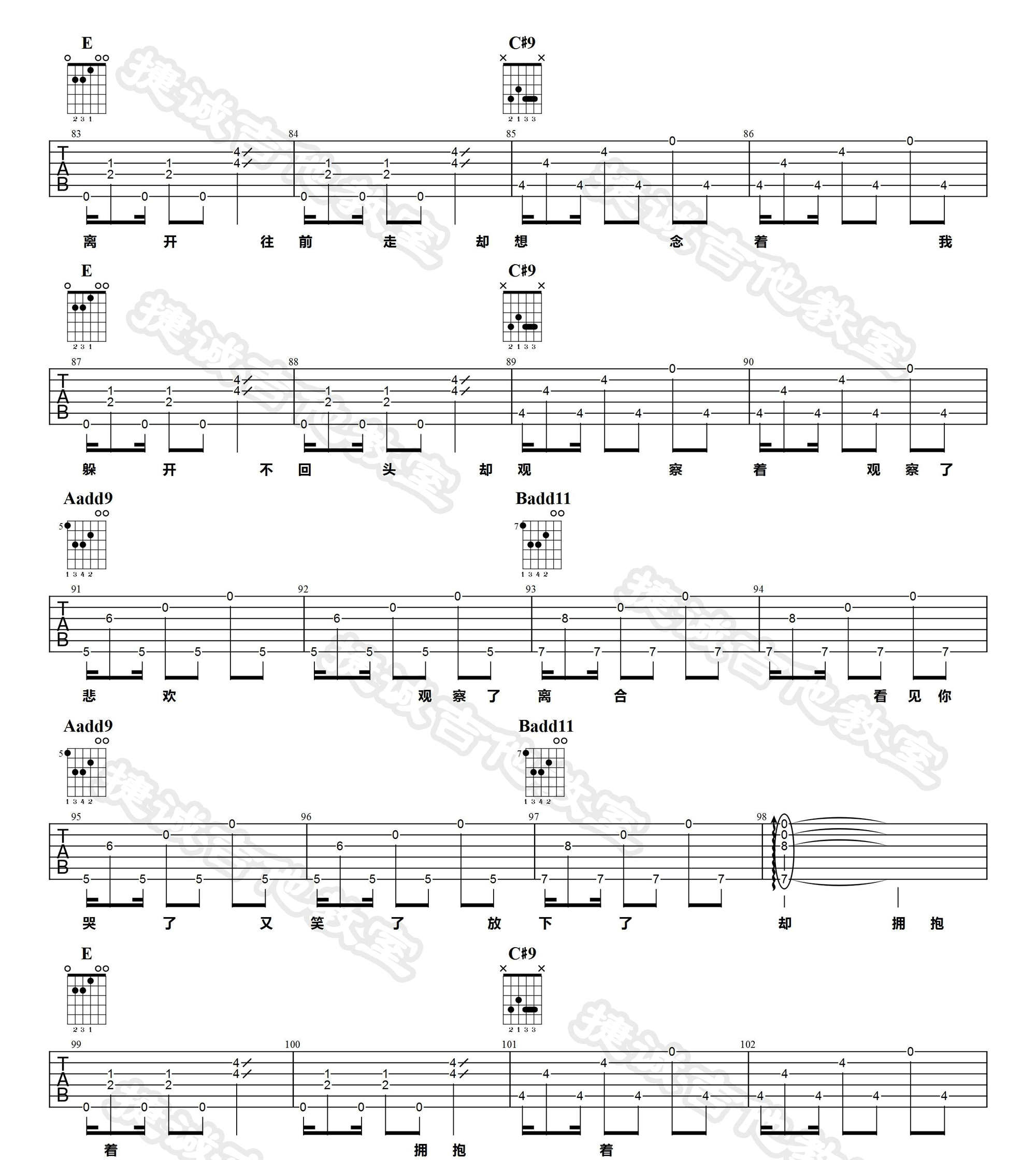 观察者吉他谱,原版陈绮贞歌曲,简单E调指弹曲谱,高清六线乐谱