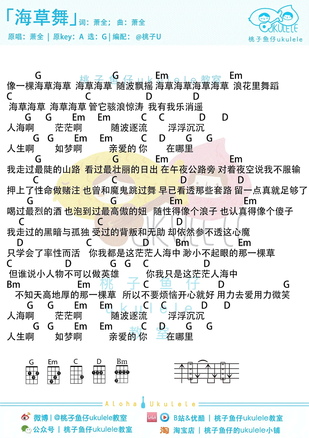 海草舞吉他谱,原版萧全歌曲,简单C调弹唱教学,六线谱指弹简谱图