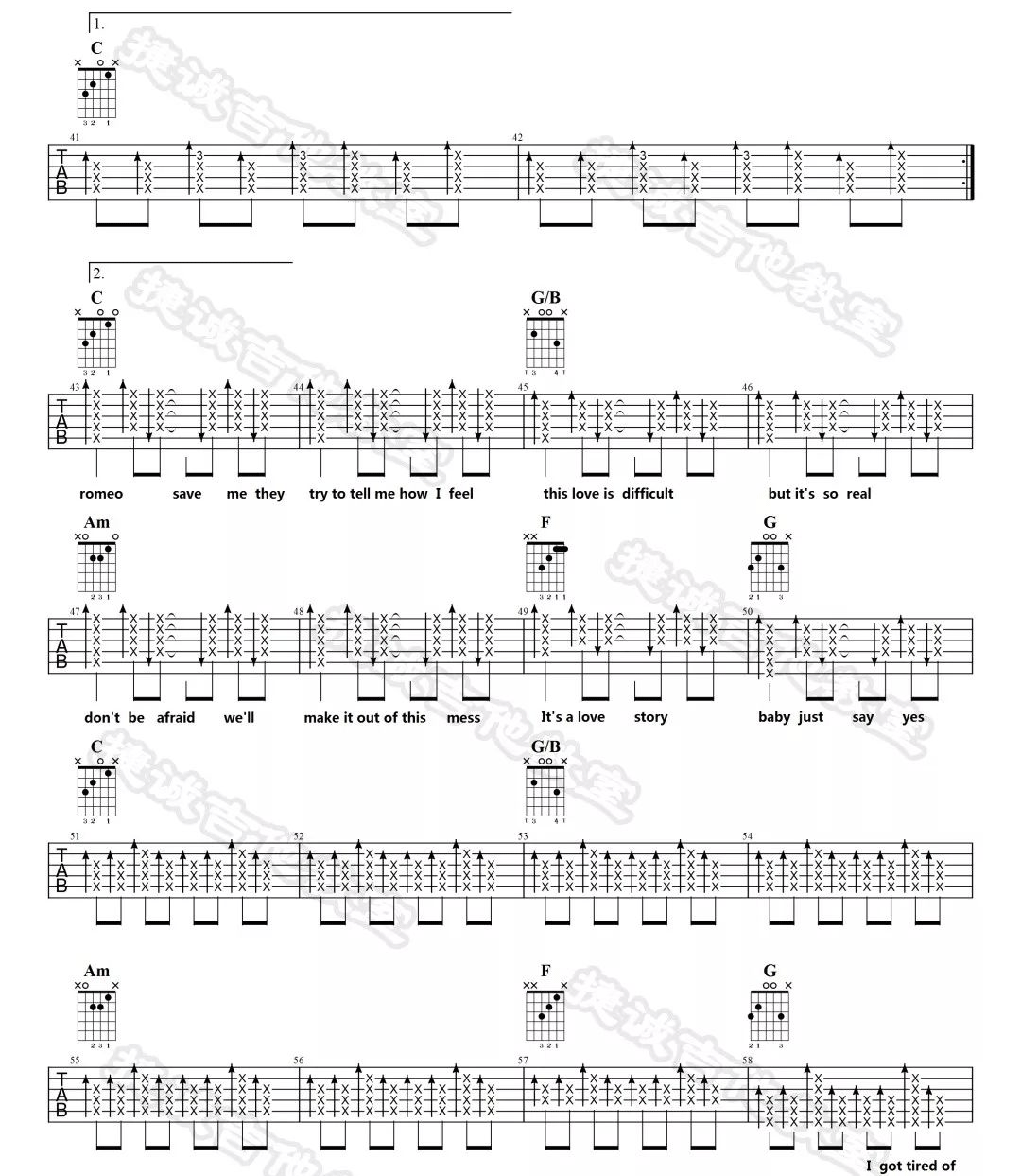 Love Story吉他谱,原版Taylor Swift歌曲,简单C调指弹曲谱,高清六线乐谱