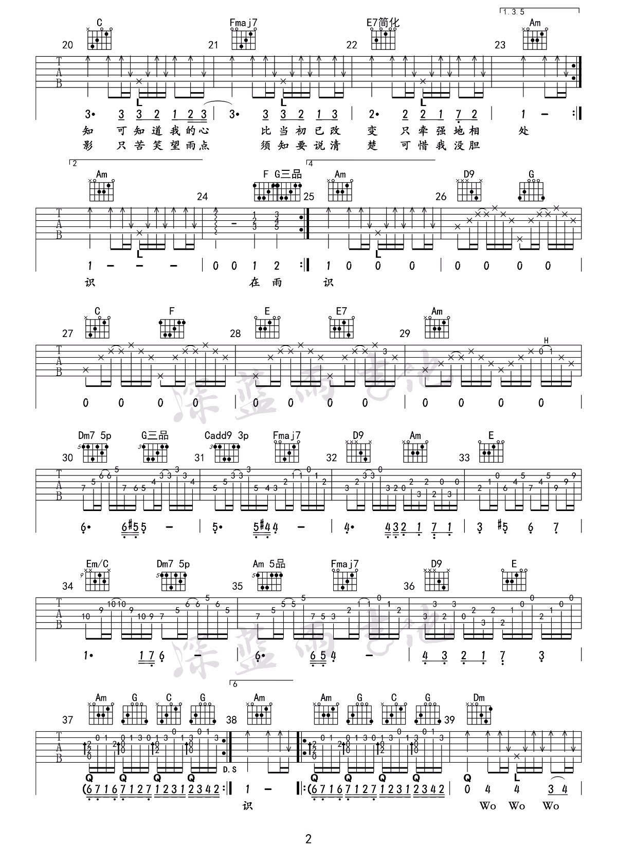 冷雨夜吉他谱,原版Beyond歌曲,简单C调指弹曲谱,高清六线乐谱教学