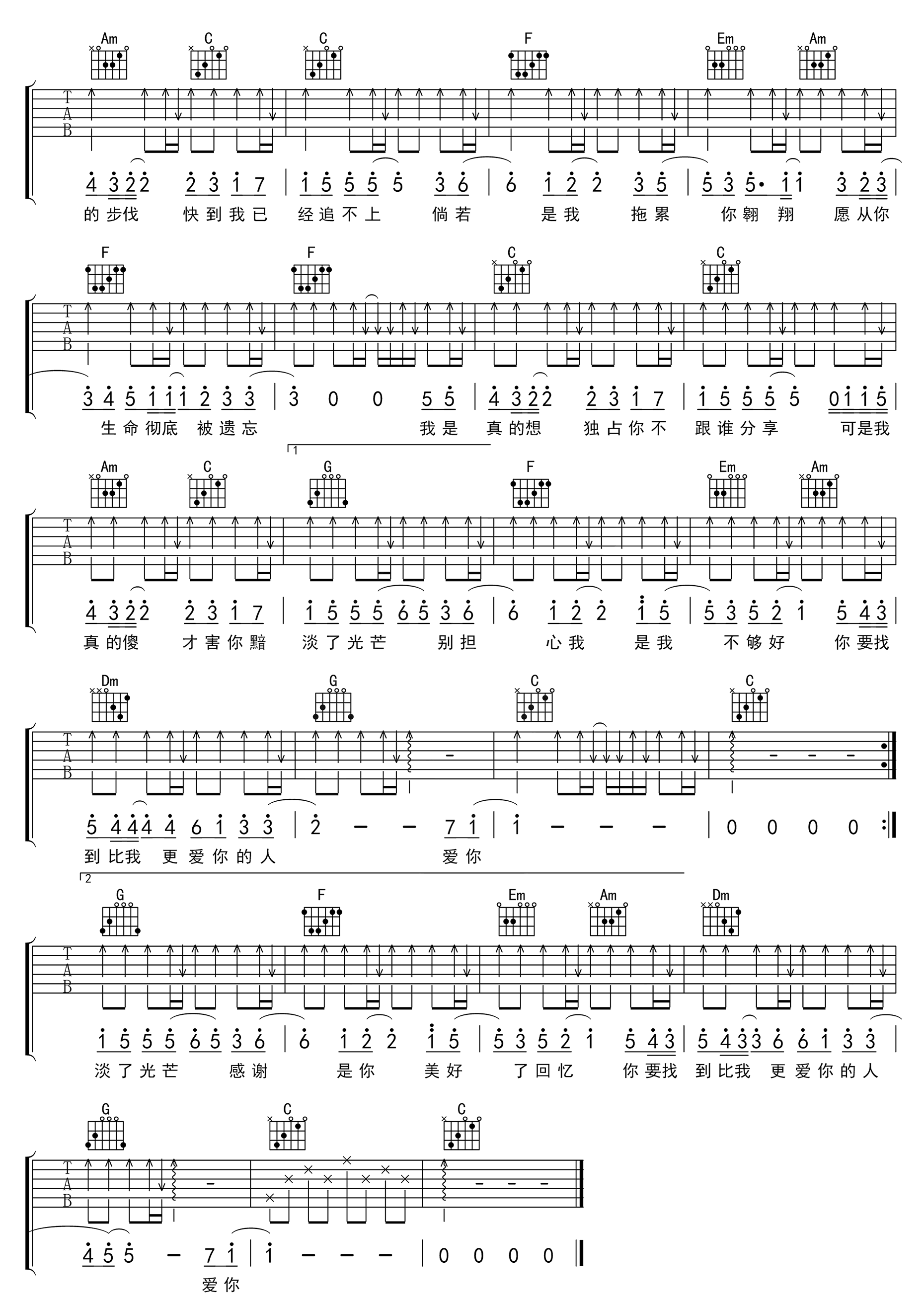 真的傻吉他谱,原版徐佳莹歌曲,简单C调指弹曲谱,高清六线乐谱
