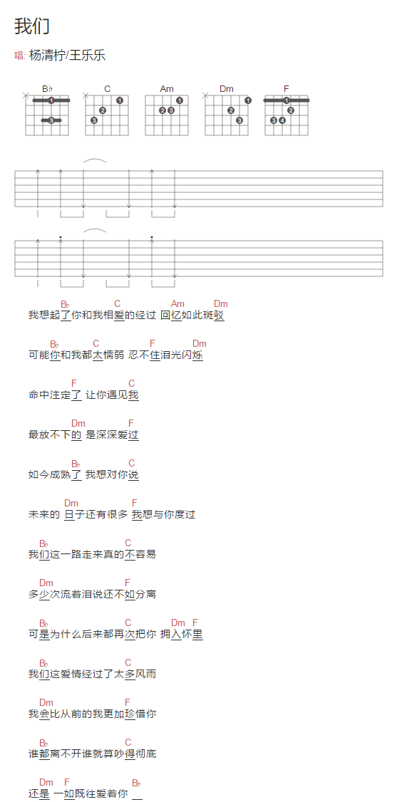 我们吉他谱,原版杨清柠歌曲,简单C调指弹曲谱,高清六线乐谱