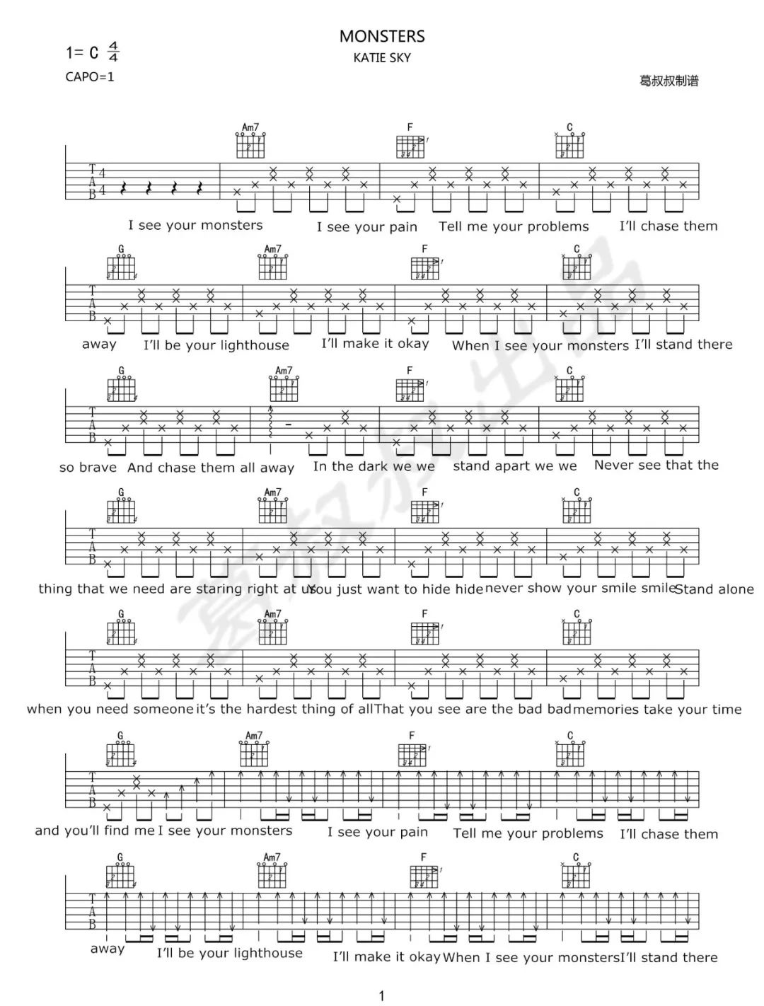 Monsters吉他谱,原版Katie Sky歌曲,简单C调指弹曲谱,高清六线乐谱