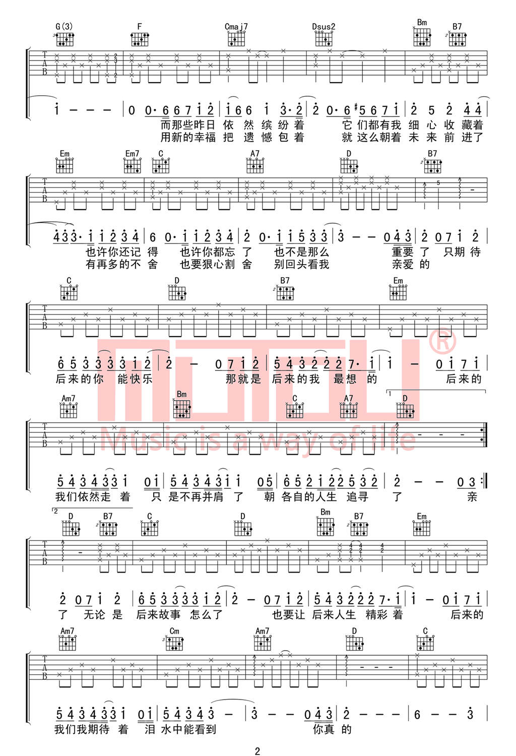 后来的我们吉他谱,原版五月天歌曲,简单G调指弹曲谱,高清六线乐谱