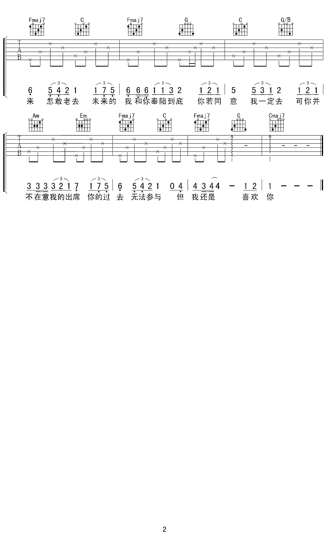 七月的风八月的雨吉他谱,原版陈曦歌曲,简单C调指弹曲谱,高清六线乐谱