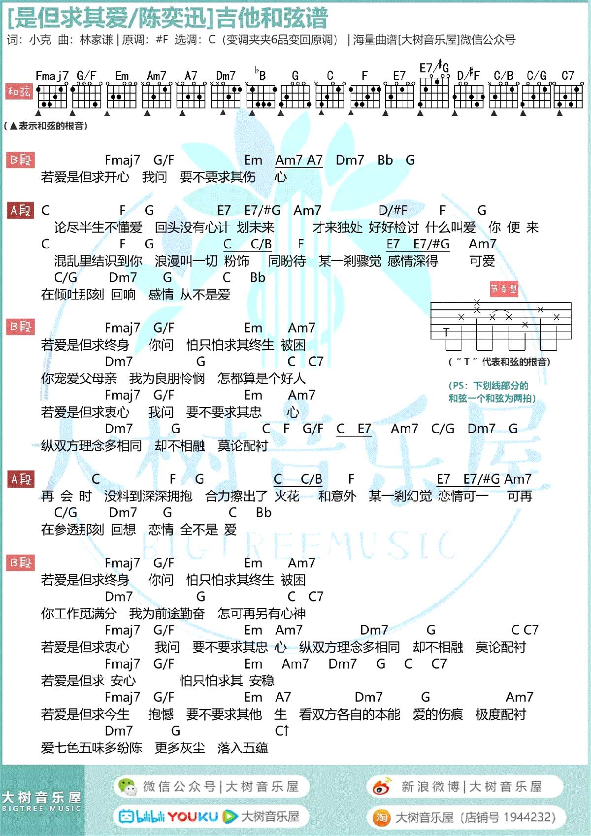 是但求其爱吉他谱,原版歌曲,简单C调弹唱教学,六线谱指弹简谱图