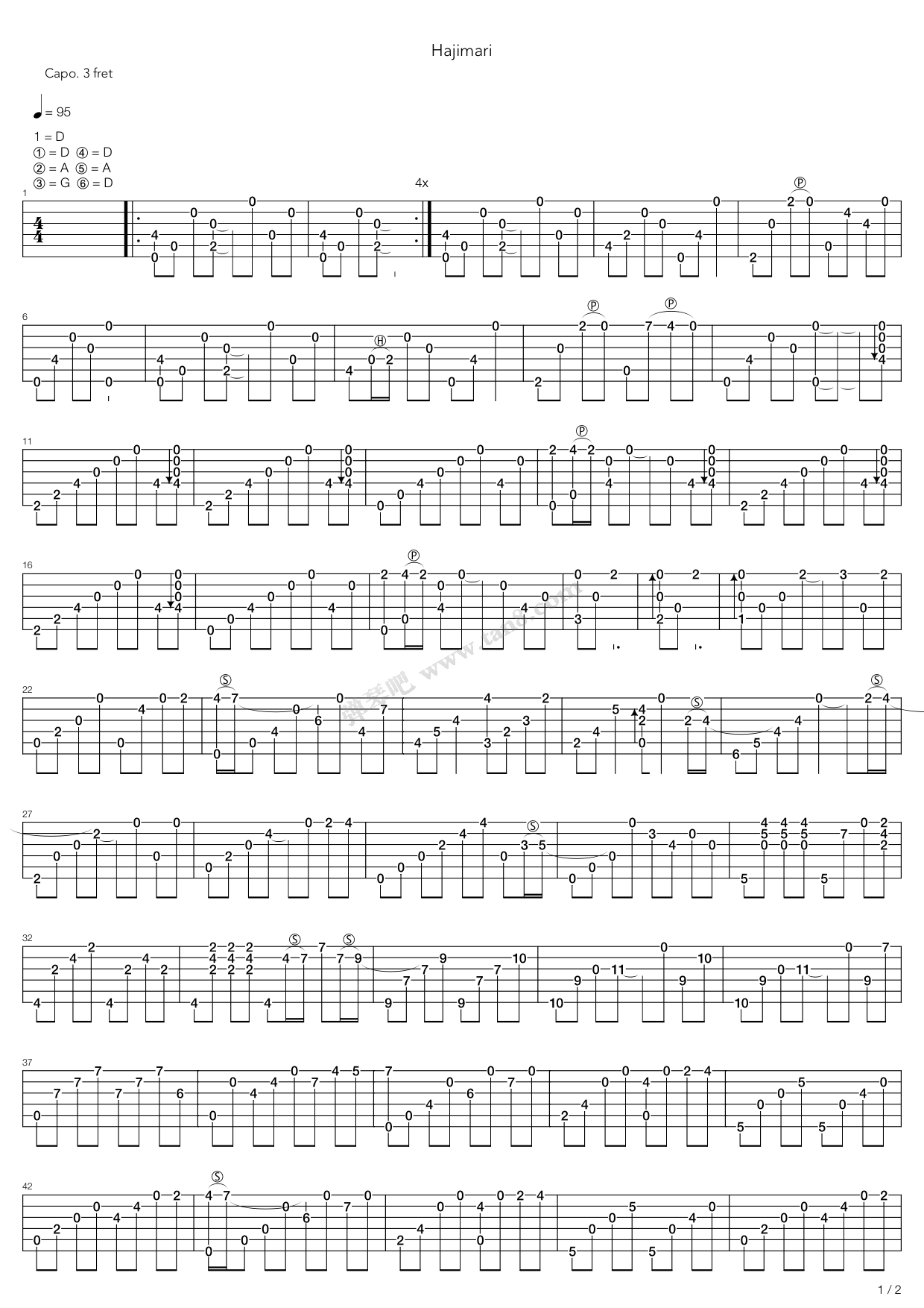 Hajimari吉他谱,原版歌曲,简单D调弹唱教学,六线谱指弹简谱2张图