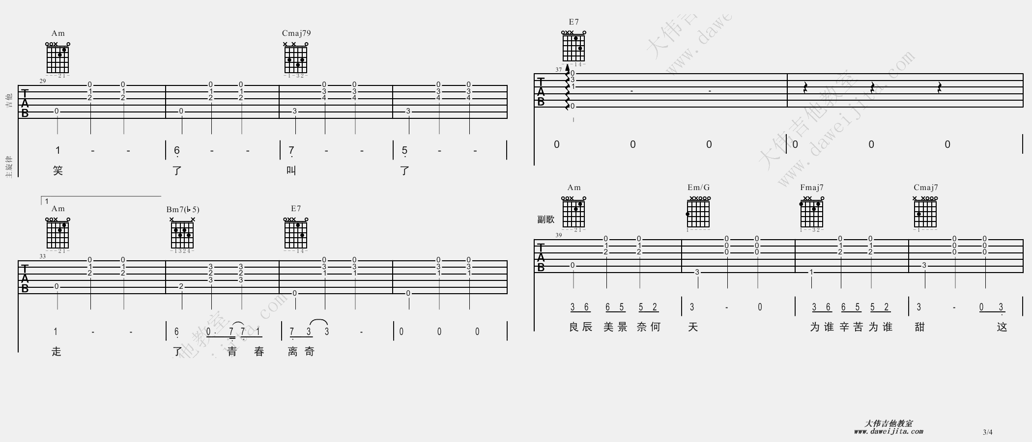 致青春吉他谱,简单C调原版指弹曲谱,王菲高清流行弹唱六线乐谱