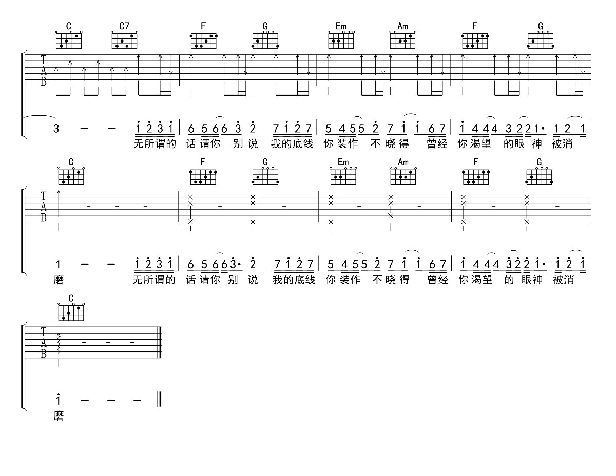 喷泉吉他谱,原版周张煜歌曲,简单C调指弹曲谱,高清六线乐谱