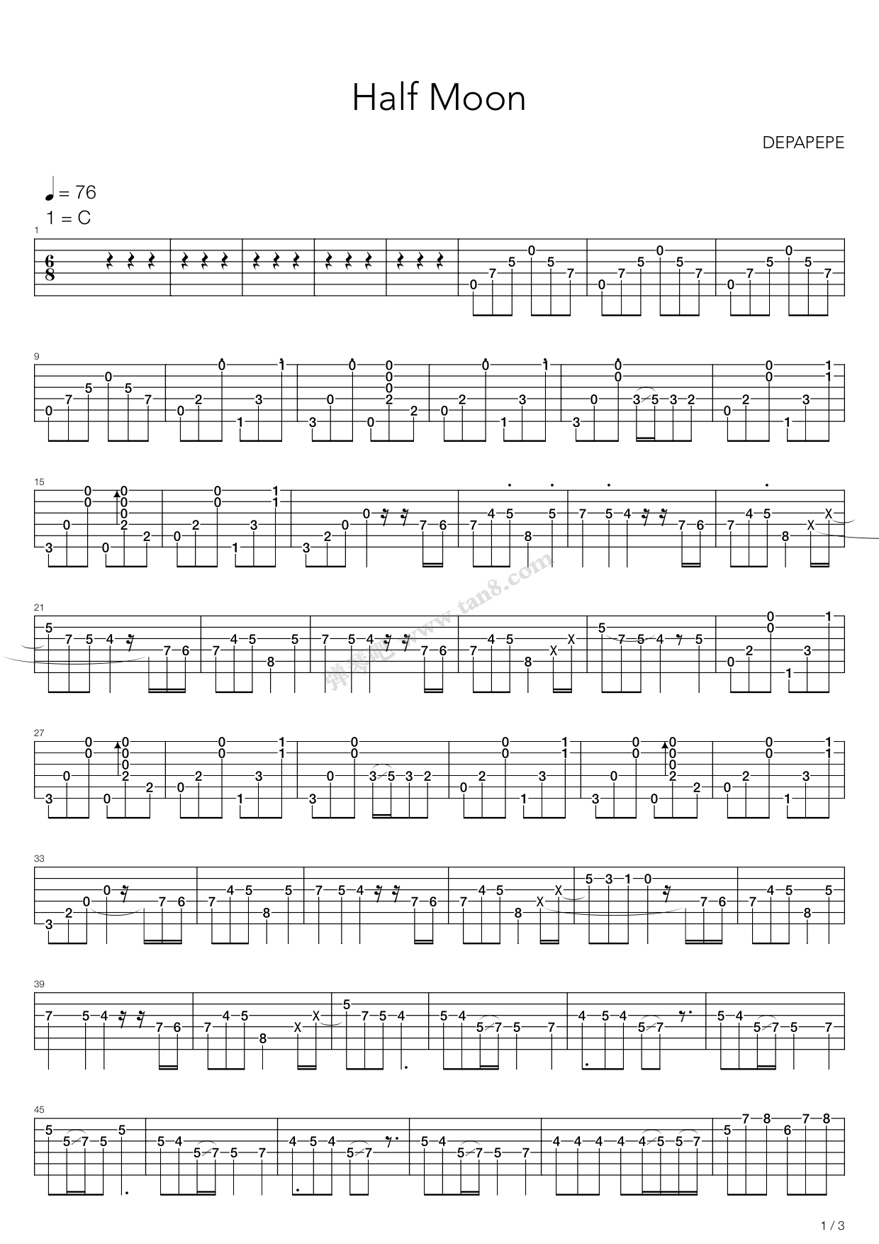 HalfMoon半月吉他谱,原版歌曲,简单C调弹唱教学,六线谱指弹简谱9张图