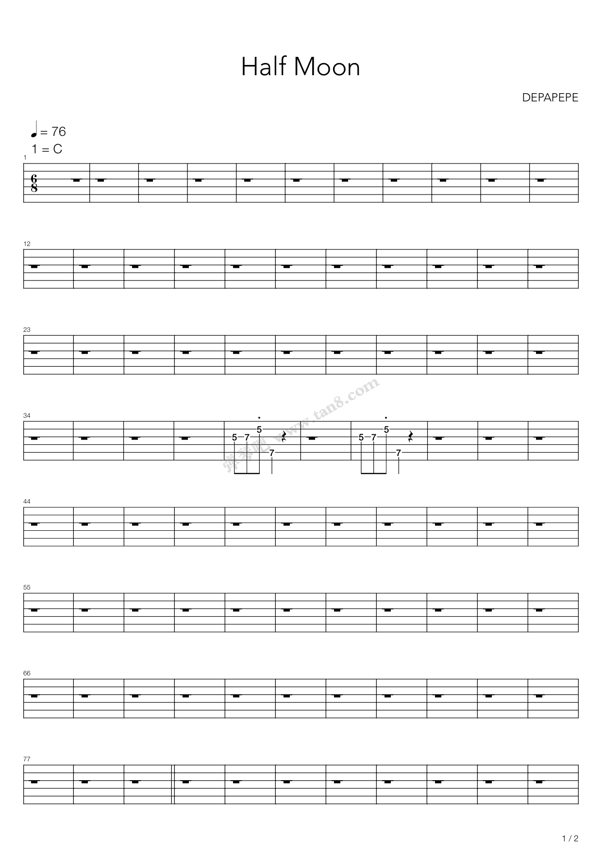 HalfMoon半月吉他谱,原版歌曲,简单C调弹唱教学,六线谱指弹简谱9张图