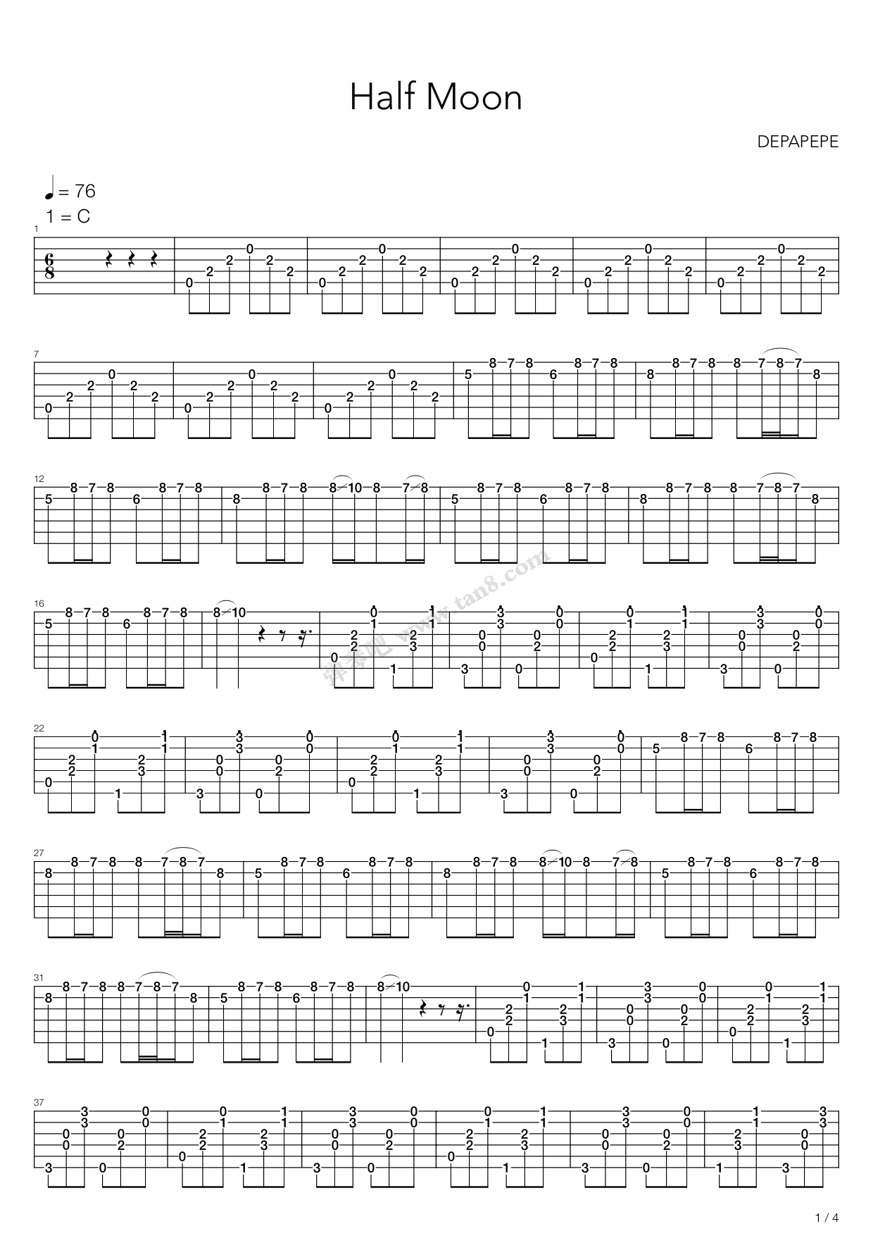 HalfMoon半月吉他谱,原版歌曲,简单C调弹唱教学,六线谱指弹简谱9张图