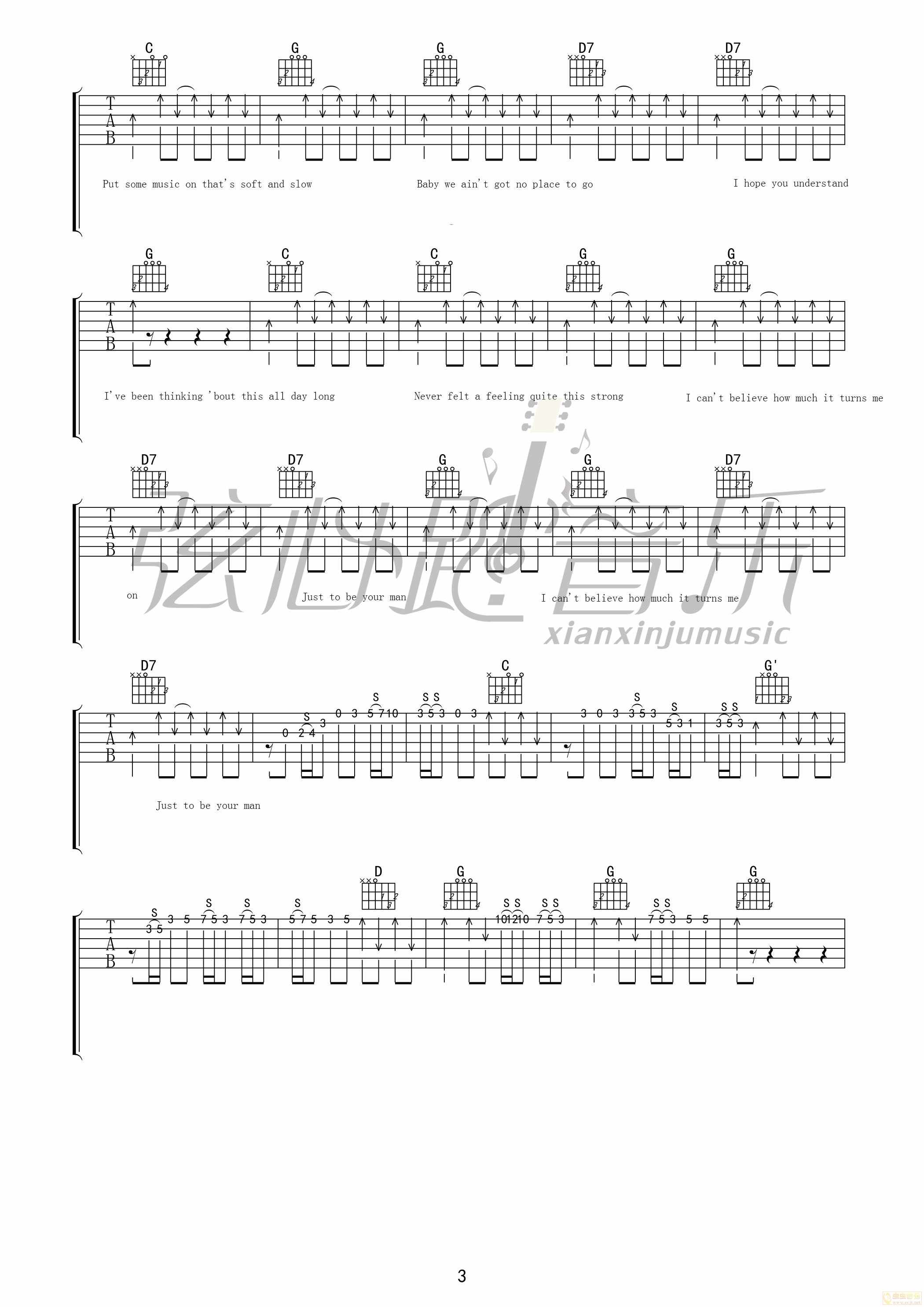 YourMan吉他谱,原版歌曲,简单G调弹唱教学,六线谱指弹简谱3张图