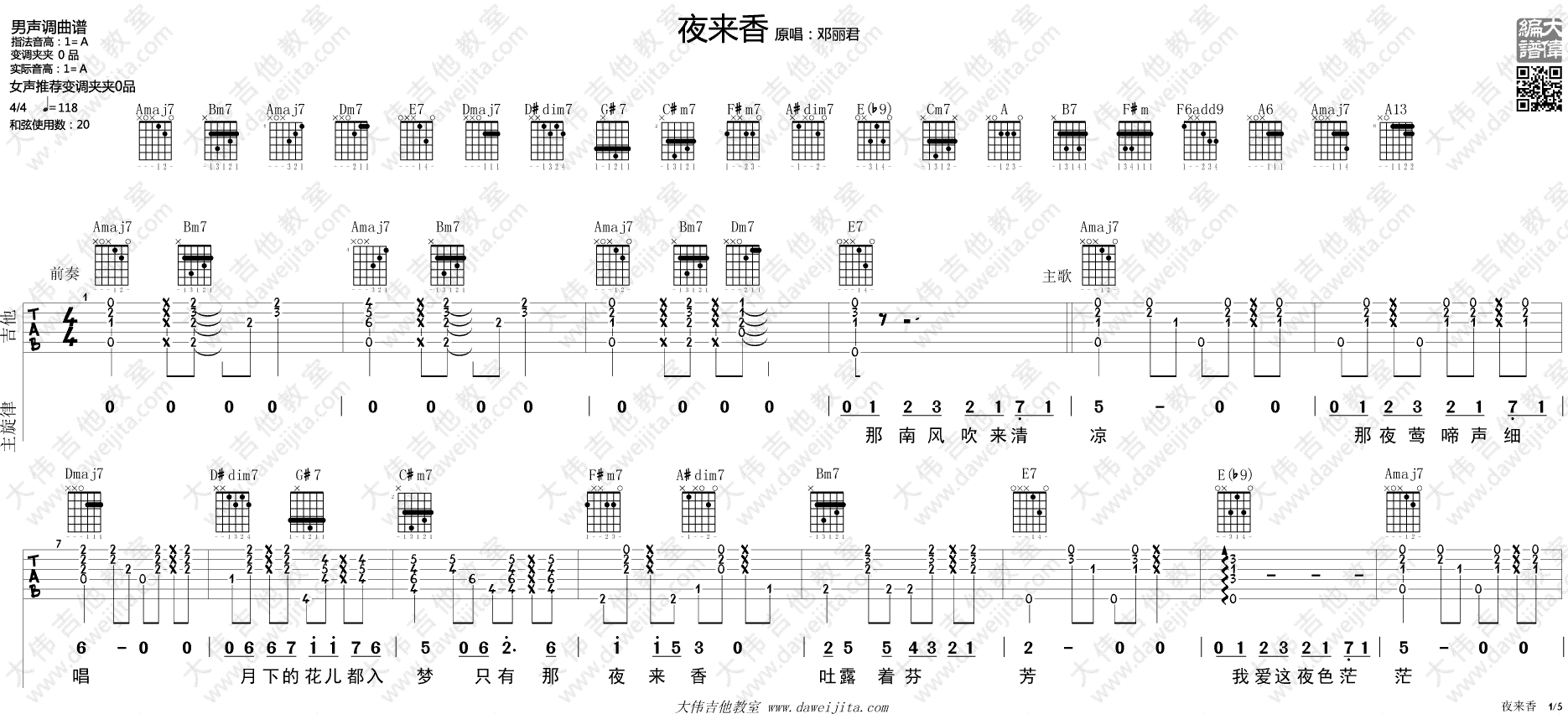 夜来香吉他谱,简单C调原版指弹曲谱,邓丽君高清流行弹唱六线乐谱