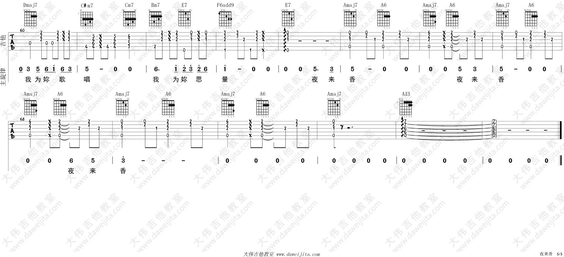 夜来香吉他谱,简单C调原版指弹曲谱,邓丽君高清流行弹唱六线乐谱