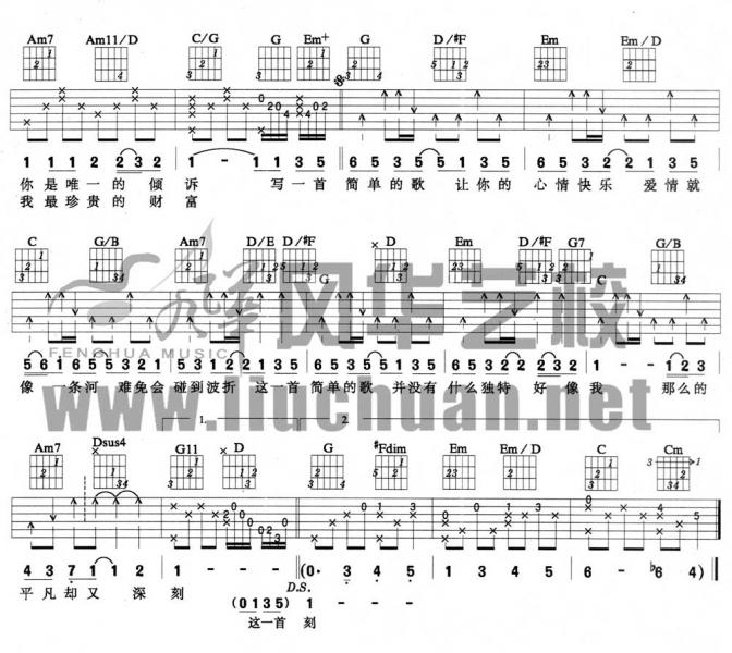 一首简单的歌吉他谱,简单C调原版指弹曲谱,王力宏高清流行弹唱六线乐谱