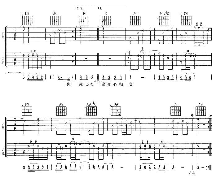 死心彻底吉他谱,原版歌曲,简单A调弹唱教学,六线谱指弹简谱3张图