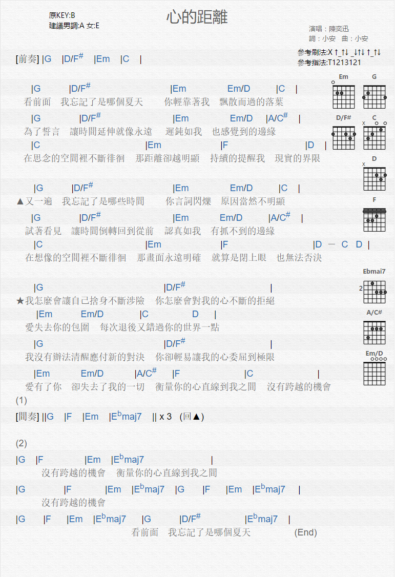 心的距离吉他谱,简单C调原版指弹曲谱,陈奕迅高清流行弹唱六线乐谱