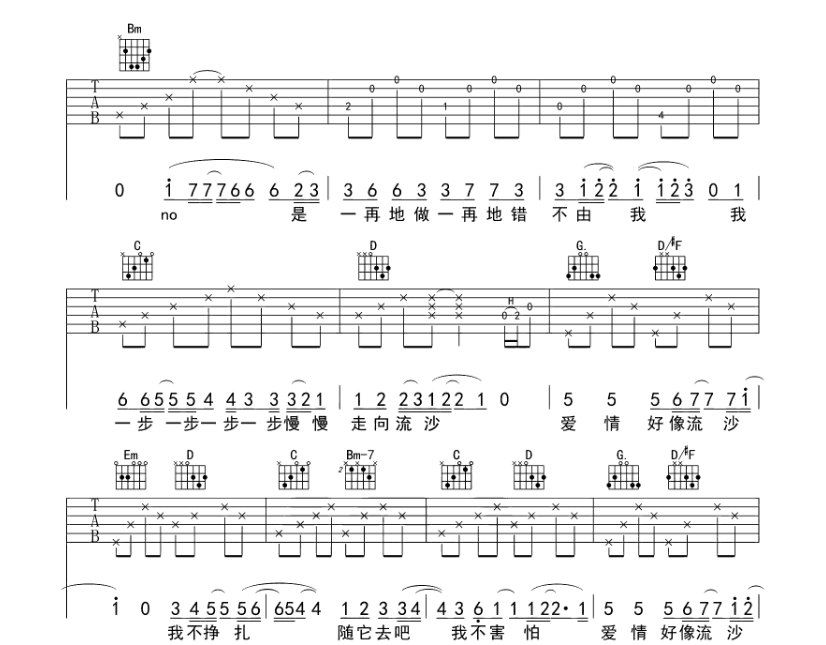 流沙吉他谱,原版歌曲,简单G调弹唱教学,六线谱指弹简谱8张图