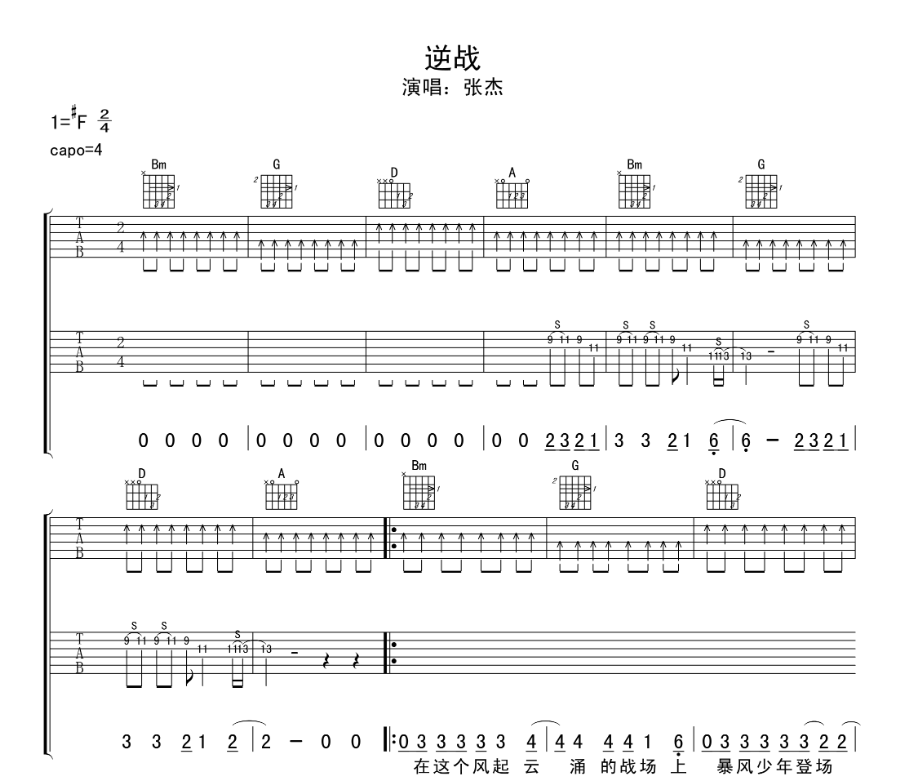 逆战吉他谱,原版歌曲,简单F调弹唱教学,六线谱指弹简谱6张图