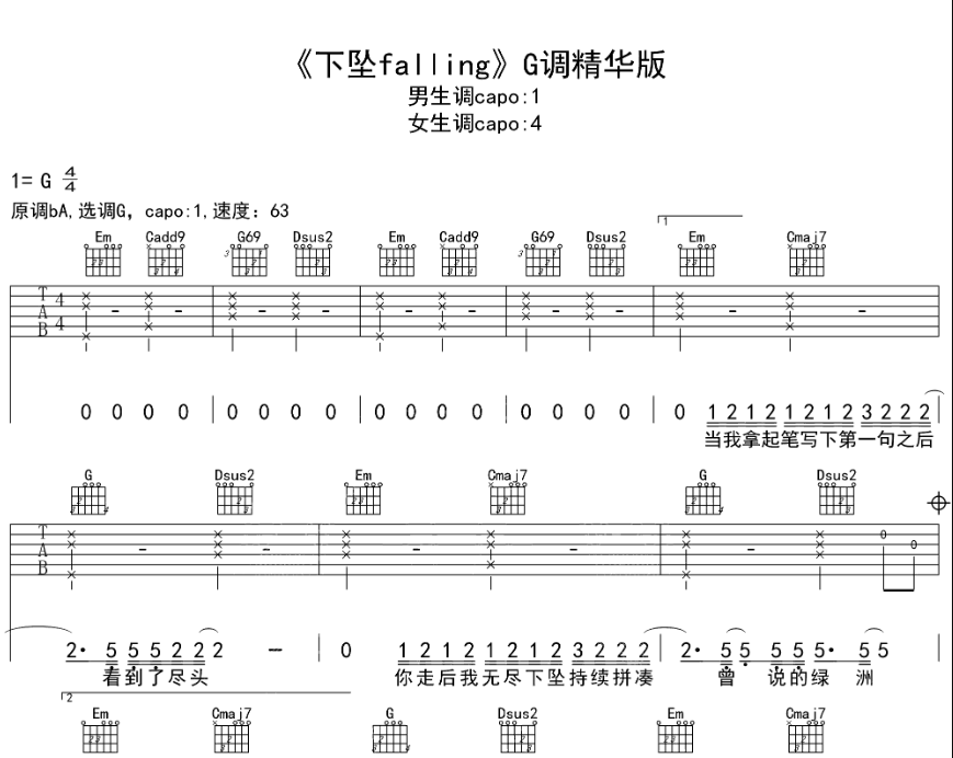 下坠Falling吉他谱,原版歌曲,简单G调弹唱教学,六线谱指弹简谱3张图