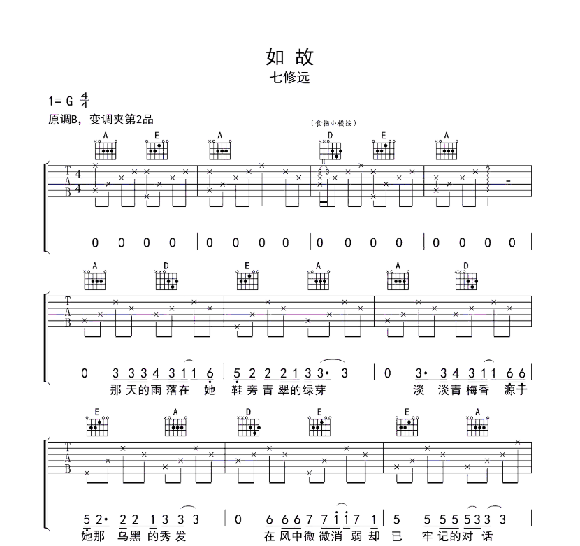 如故吉他谱,原版歌曲,简单G调弹唱教学,六线谱指弹简谱8张图