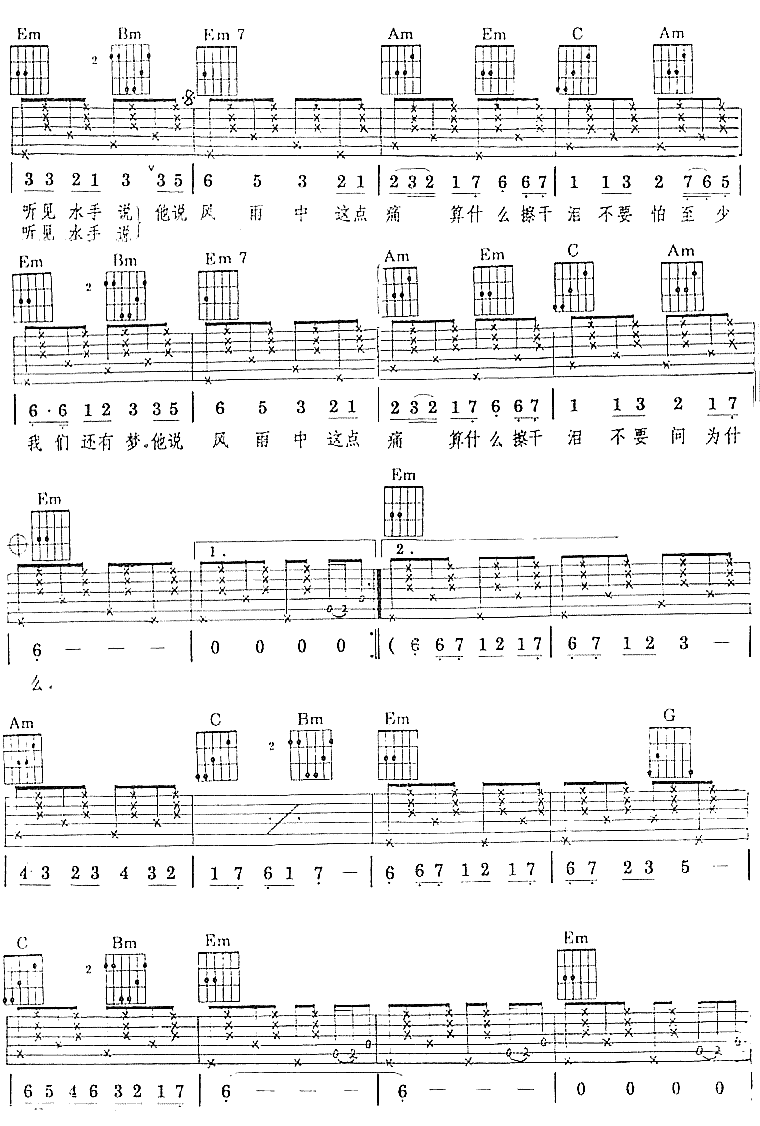 水手吉他谱,简单C调原版指弹曲谱,郑智化高清流行弹唱比较全的版本六线乐谱