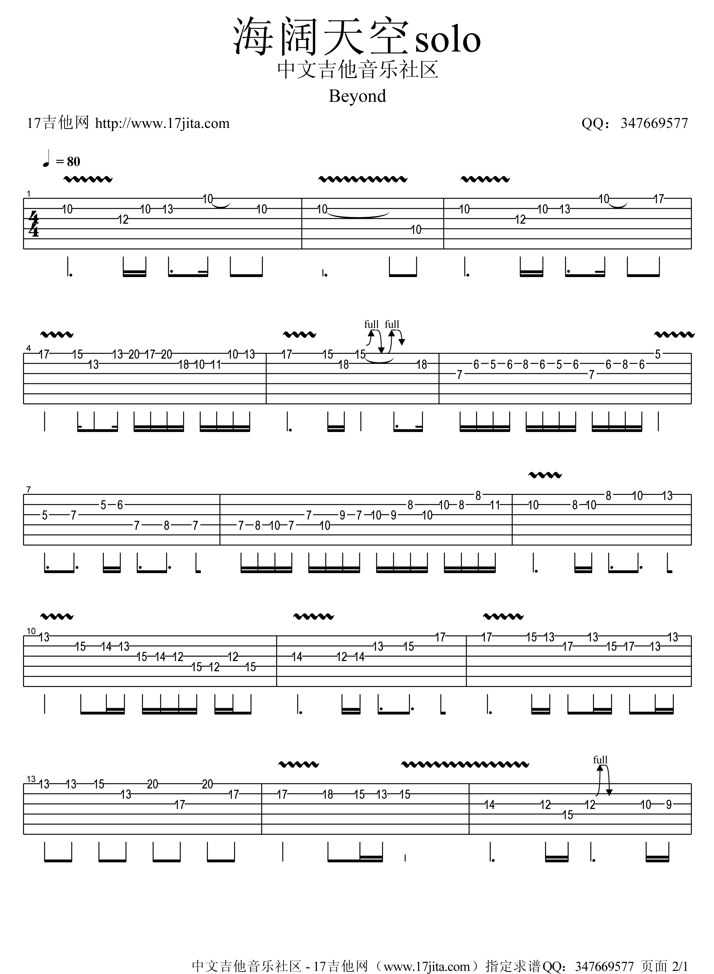 海阔天空吉他谱,简单C调原版指弹曲谱,Beyond高清流行弹唱solo六线乐谱