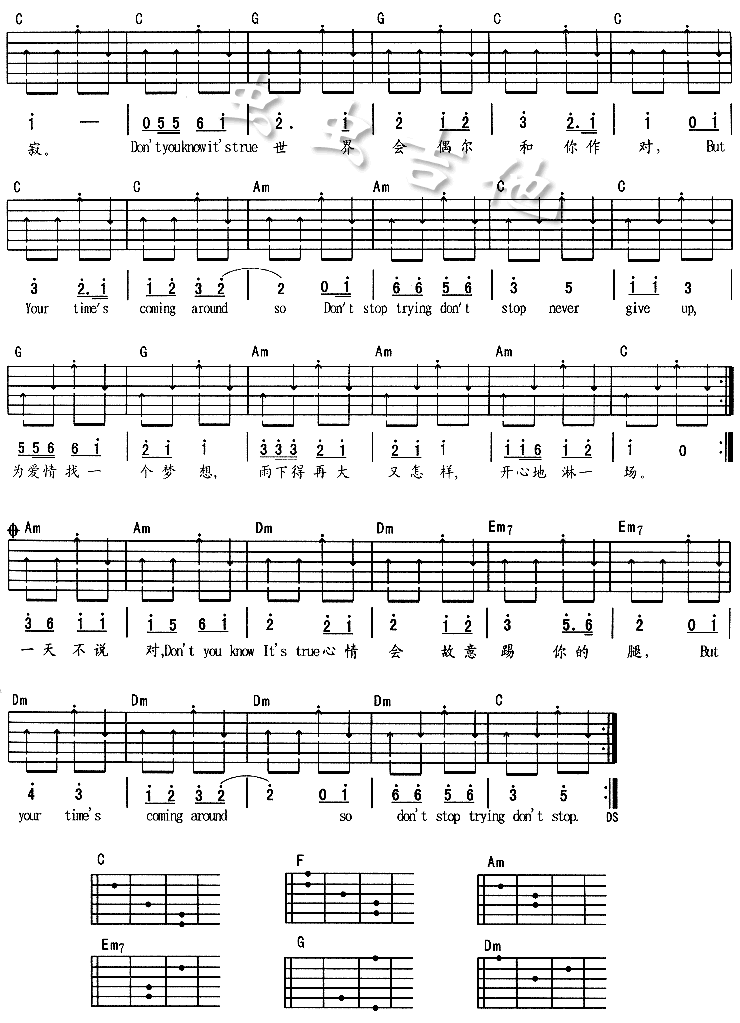 Don't Stop吉他谱,简单C调原版指弹曲谱,蔡依林高清流行弹唱六线乐谱